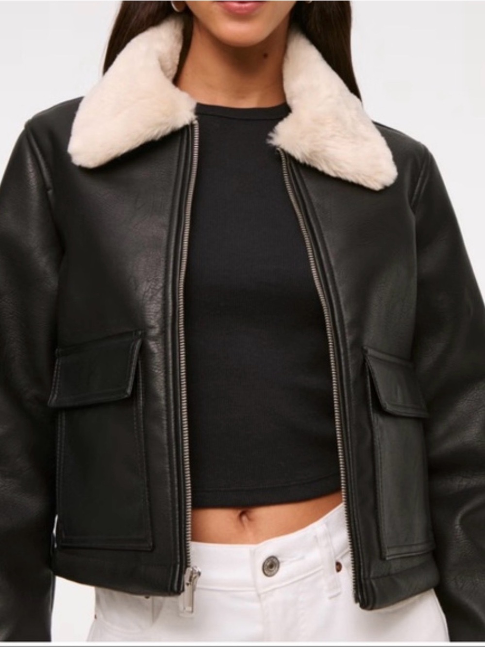Abercrombie & Fitch Black Faux-Leather Jacket with Cream Shearling Collar